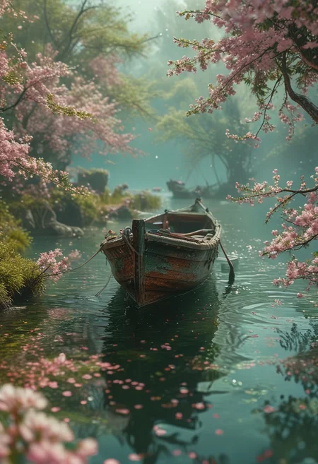 a boat in the middle of the cherry blossoms,in the style of lush scenery,fairycore,cute and dreamy,pink and green,
ultra quality,ultra detailed,intricate details,8k,hdr,beautiful,octane,masterpiece,dramatic light,ambient lighting,by greg rutkowski and magali Villeneuve,(foggy background, epic realistic, rutkowski, hdr, intricate details, hyperdetailed, cinematic, rim light, muted colors:1.2),<lora:MJ52:1>