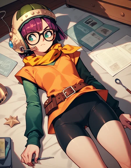 score_9, score_8_up, score_7_up, score_6_up, score_5_up, score_4_up
<lora:chrono-trigger-ponyxl-000027:1> lucca, glasses, scarf, helmet, belt, orange shirt, green sleeves, short over long sleeves, bike shorts
1girl, on back, view from above, indoors, living room