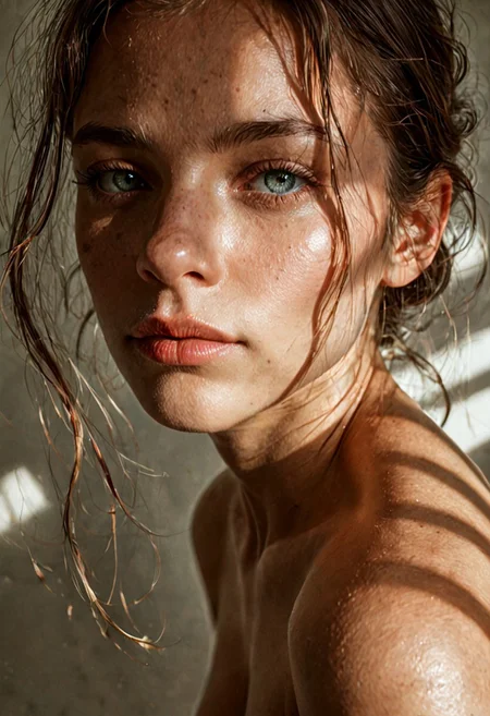 score_9, score_8_up, score_7_up, masterpiece, high quality, realistic, raw lighting, detailed face, detailed eyes, (warm colors, Natural skin), BREAK  young adult woman, beautiful face, [saggy breasts], (ass focus), (naked), (close up) [high angle], (from side:1.1)
(looking at viewer).
((raw lighting, overexposed, harsh flash, strong shadows, hard shadows, dim background)))