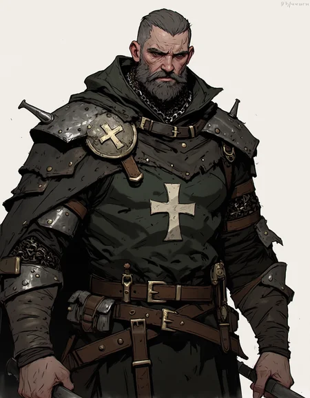 Ev Ganin style. The image is a detailed, highly detailed digital illustration in a medieval fantasy style. The central figure is a muscular, bearded warrior dressed in dark, worn leather armor adorned with a white cross emblem on his left shoulder. He wears a hooded cloak, also bearing the cross emblem, and a chain mail shirt underneath. His armor is adorned with a belt and pouches, and he carries a sword at his side with a scabbard. <lora:Ev_Ganin:1.0>