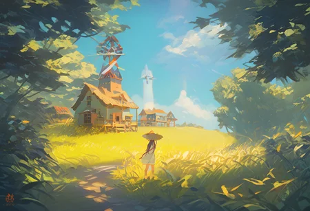 girl looking up at a lone windmill on hill, pas0, sbfte, d4rkv1b3, (score_9, score_8_up:1.1), score_7_up, jill stingray, twintails, straw hat, from behind, looking at the earth, awawa, golden wheat field, summer heat, setting sun, trees, small cottage, sc3nery, vibrant colors, high contrast,