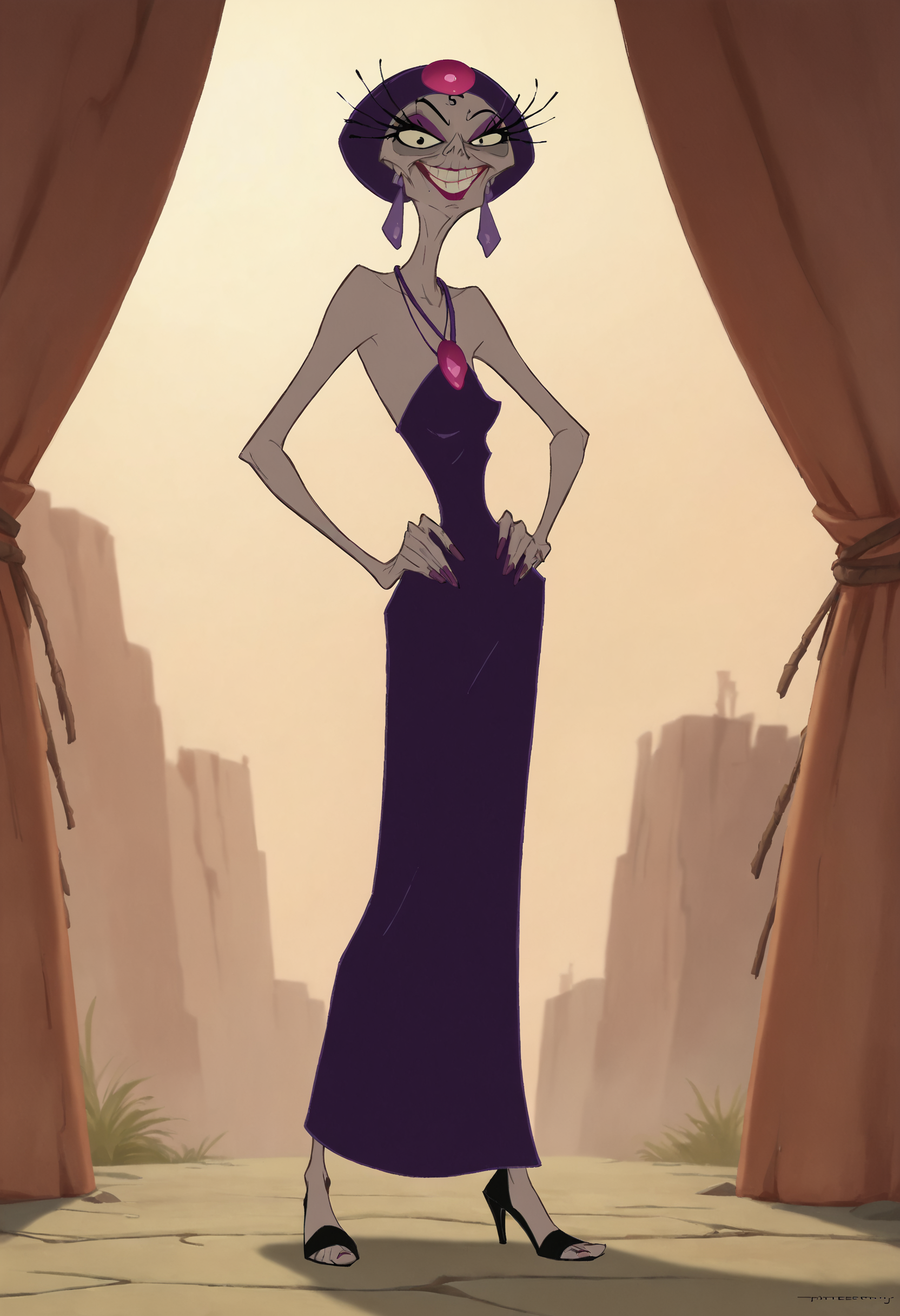 Yzma, solo, turban, jewelry, mature_female, purple dress, standing, eyelashes, earrings, 1girl, gem, high heels, necklace, score_9, score_8_up, score_7_up, score_6_up, score_5_up, score_4_up, looking at viewer, hand on own hip, cowboy shot,smile,  <lora:ZymaPony1.0_r1:0.65>