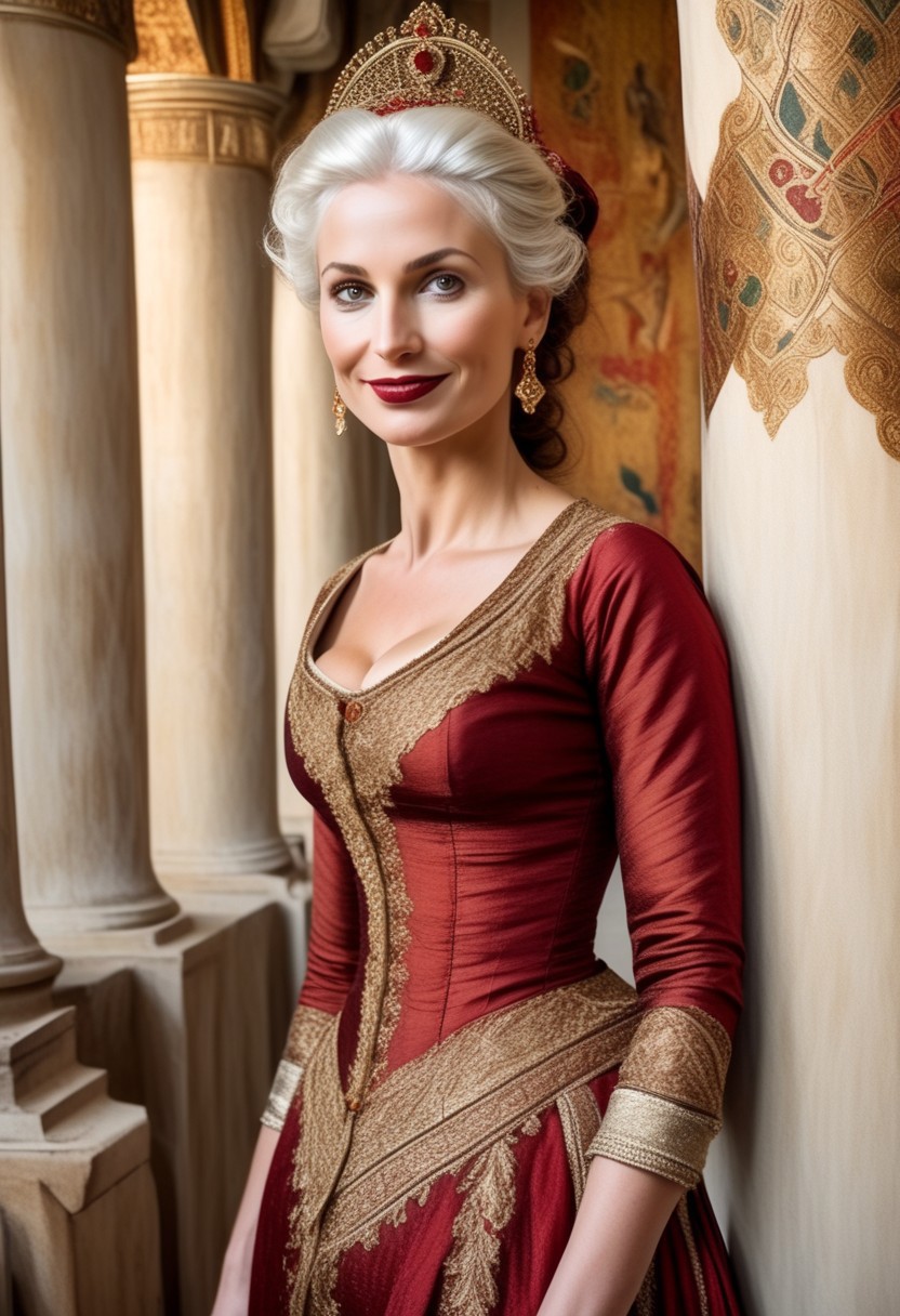 breasts shot,( life-like skin texture:1.5), realistic skin, (18th century:1.5), Europe, (victorian times), beautiful and mature, Tall, Strong, perfect face, Experienced middle-aged Empress, tradition ethnic Black royal clothes, covered hair, expensive fabric, photorealistic, realistic, extreme realism, (masterpiece, photorealistic), dappled sunlight, studio lighting, imperfections skin, probes, (photorealistic:1.6), <lora:add_detail:0.8>, medieval queen, royal banquets, female guards, include masques (a form of courtly entertainment with dancing, acting, and elaborate costumes), feasts, and balls. Gowns and Kirtles: Women wore long, flowing gowns made of luxurious silk, dressed sexy and attractive, (Empire waists:1.5), (white hair:1.5),( red lips:1.5),( subtle evil smile:1.5), white teeth
2girls,
(50 years old:1.5), 
1boy,
slave boy,
milfs,
moms,
(busty:1.3), 
(Horny:1.3), 
orgasm face, 
grannies, 
married, 
cheating, 
Mistress, 
French Queen medieval,
Empress, 
(determined look:1.5), 
(brave:1.5),
dominant presence, 
orgasm face, 
shocked, 
traditional 1650 royal outfit,
Powerful women, 
long legs, 
exposed legs, 
sexy legs, 
bustle dress, 1woman, loose pants, harem_pants, see-through, silk, tight-fitting shirt, impossible shirt, large breasts, long hair, loose_scarf, head_scarf, jewelry, , giga_busty