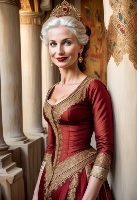 breasts shot,( life-like skin texture:1.5), realistic skin, (18th century:1.5), Europe, (victorian times), beautiful and mature, Tall, Strong, perfect face, Experienced middle-aged Empress, tradition ethnic Black royal clothes, covered hair, expensive fabric, photorealistic, realistic, extreme realism, (masterpiece, photorealistic), dappled sunlight, studio lighting, imperfections skin, probes, (photorealistic:1.6), <lora:add_detail:0.8>, medieval queen, royal banquets, female guards, include masques (a form of courtly entertainment with dancing, acting, and elaborate costumes), feasts, and balls. Gowns and Kirtles: Women wore long, flowing gowns made of luxurious silk, dressed sexy and attractive, (Empire waists:1.5), (white hair:1.5),( red lips:1.5),( subtle evil smile:1.5), white teeth
2girls,
(50 years old:1.5),
1boy,
slave boy,
milfs,
moms,
(busty:1.3),
(Horny:1.3),
orgasm face,
grannies,
married,
cheating,
Mistress,
French Queen medieval,
Empress,
(determined look:1.5),
(brave:1.5),
dominant presence,
orgasm face,
shocked,
traditional 1650 royal outfit,
Powerful women,
long legs,
exposed legs,
sexy legs,
bustle dress, 1woman, loose pants, harem_pants, see-through, silk, tight-fitting shirt, impossible shirt, large breasts, long hair, loose_scarf, head_scarf, jewelry, , giga_busty