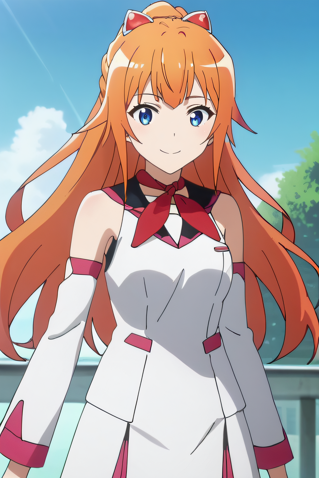 score_9, score_8_up, score_7_up, source_anime, rating_safe, intricate details, anime screencap, official style, solo, 1girl, <lora:Kinushima_Michiru:1>, kinushima, orange hair, long hair, ponytail, white shirt, bareshoulders, white detached sleeves, white skirt, red knot around neck, collarbone, cowboy shot, looking at viewer, smile, outdoor