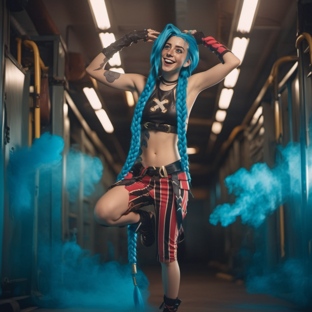 cinematic photo a funny woman, full body, jumps and laughs, and blue hair and braids is posing for a picture <lora:Jinx1024-000260:0.8> . 35mm photograph, film, bokeh, professional, 4k, highly detailed