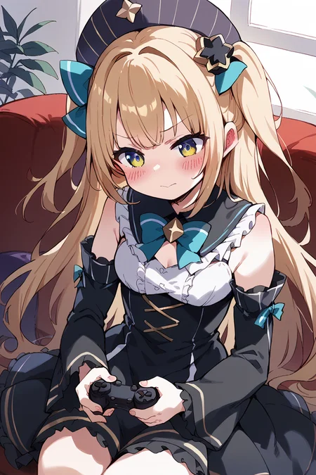 score_9, score_8_up, score_7_up, score_6_up,
<lora:Kihyahya:1> kihyahya, 1girl, controller, solo, hat, game controller, blush, virtual youtuber, dress, long hair, detached sleeves