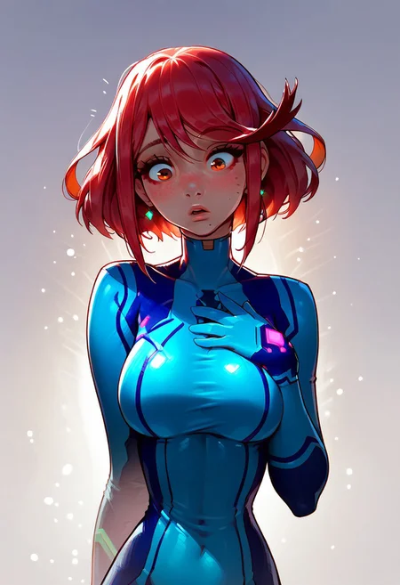 score_9, score_8_up, score_7_up, score_6_up, 1girl, solo, pyra from xenoblade, cute, athletic body, freckled face, very large breasts, perfect round ass, cute round face, thin waist, slim girl, sexy legs, short,wearing zero suit, zero suit, shiny spandex, lidded eyes, steamy, golden hour lighting, warm lighting, good lighting, looking down at breasts, very shocked facial expression, surprised, head angled down, half body shot
