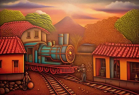 steampunk railroad station in (Nicaragua Primitivism painting style) , painting