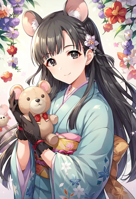 score_9, score_8_up, score_7_up, source_anime, kobayakawa sae, black hair, black eyes, 1girl, animal ears, braid, solo, japanese clothes, long hair, gloves, hair ornament, stuffed toy, smile, mouse ears, hair flower, kimono, stuffed animal