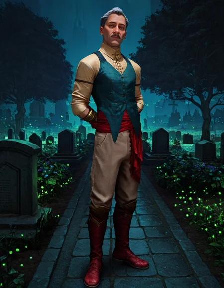 masterpiece, best quality, absurdres, newest, perfect quality, best quality, absolutely eye-catching, detailed background, intricate details, realistic, male focus, <lora:DAV - Emmrich Volkarin - Illustrious_1:0.7>, e_volkarin, mature male, grey hair, black hair, multicolored hair, very short hair, hazel eyes, mustache, green vest, yellow shirt, single red glove, bracelets, multiple rings, red waist sash, tan pants, red boots, looking at viewer, realistic, garden, flowers, night, cemetery, green theme, green fireflies, crows, standing, looking at viewer, head tilt, arms behind back