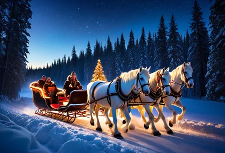 picture of a perfect holiday,
dedmoroz is sitting in a sleigh and driving a sleigh pulled by three beautiful white horses, a bright happy smile looking at the viewer,
a wide snow-covered road among a dense coniferous forest,
a bright sunny winter day, a forest in the snow, bright sun, volumetric lighting,
snow-covered fir trees around, a cozy evening warm festive cheerful atmosphere of Christmas and New Year,
it's snowing, snowfall, festive New Year's atmosphere, starry sky with shining multi-colored ribbons of the northern lights, flashes of red, blue, green flowers against the background of the black sky with a bed of scatterings of stars and constellations,
absurdity, masterpiece, intricate details, fine details, high resolution, fine small details, HDR, DSLR camera, attention to detail, high resolution, bright colors, deep shadows, large depth of field, stunning contrast,
Masterpiece, (cosy atmosphere), (ultra high res, mj, best quality), (highly detailed), (cinematic), (volumetric lighting, volumetric shadows), (cozy nsfw), Amazing, (finely details), (photorealistic:1.4), warm lighting, ray tracing, dynamic lighting, (extremely clear facial details:1.4),
<lora:sleigh_Illust_v1:1> sleigh, christmas, fur trim, sled, bell, blush, gloves <lora:DedMoroz:1> dedmoroz <lora:ChristmasWinteryXL:0.7> christmaswintery, light, rays, mystical, <lora:Mystical Snowflakes XL:0.7> snowflakes, mystical <lora:SDXLAuroraStyle:0.3> aurora, glowing <lora:MidjourneyV6.1:0.7> photograph, midjourneyv6 <lora:great_lighting:1>