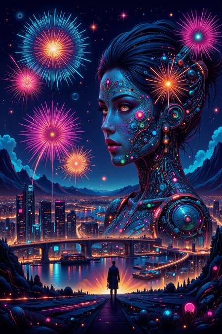 fireworks festival beautiful landscape, bright luminous night, woman, very intricate, very detailed, sharp, bright, colorful, <lora:Hand v2:0.5> <lora:Anti-Blur:1><lora:Insane Detail Slider:0.25> <lora:flux.1_lora_flyway_Epic-detail_v2:0.3> <lora:fluxenhancer:0.25> <lora:ck-Neon-Retrowave:0.4> ck-rw, in the style of ck-rw, <lora:Neurocore Anime Cyberpunk v2.0:0.8> <lora:neon-cyberpunk-alla-prima:0.6> mad-llprm