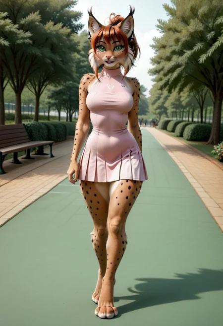 A 35mm photo of a petite beautiful 40 year old redhead, hair in a high ponytail, she is an anthropomorphic lynx, lynx nose, lynx teeth, lynx face, green lynx eyes, freckles, lynx fur all over her body, walking in a park, she is surrounded by pretty wildflowers, lynx tail, petite round hips, soft flat tummy, soft curvy petite thighs, petite c-cup breasts, wearing a pink tennis dress, she is a lynx, lynx tail, small pawlike hands, digitigrade lynx feet, no shoes, brown lynx fur, tennis dress