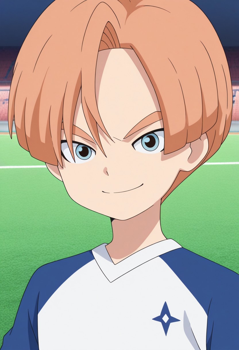 masterpiece,best quality,amazing quality, source_anime,
malikkuabel, 1boy, male focus, solo, blue eyes, orange hair, supaku soccer uniform, shirt, raglan sleeves, short sleeves, multicolored shirt, blue and white shirt, smile, portrait,
outdoor, stadium, grass,