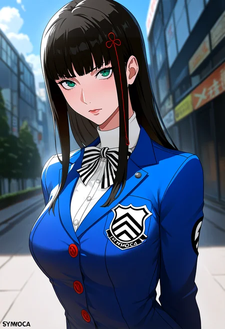 very awa, masterpiece, best quality, year 2024, newest, highres, absurdres, <lora:age_slider_v4:3> <lora:thicc_v1.4-pony:1.2>,detailed_background,outdoors,absurdres,black hair,green eyes,bowtie,blue jacket,striped bowtie,jacket,persona,striped bow,long hair,frown,bow,sidelocks,solo,striped clothes,white shirt,1girl,looking at viewer,highres,symoca,shirt,tougou hifumi,persona 5