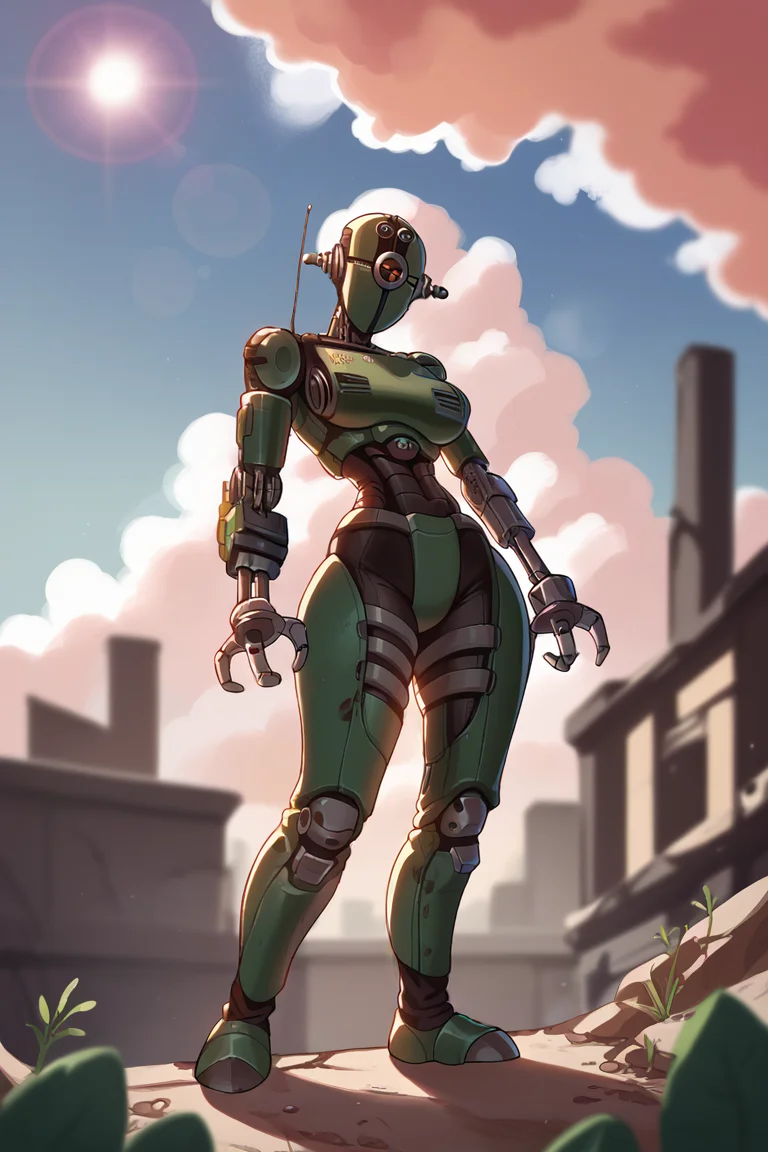 score_9, score_8_up, score_7_up, BREAK, <lora:liangxing-guy-PONYv1:1>, 1girl, solo, breasts, depth of field, lens flare, <lora:assaultron_pdxl_:1> assaultron, robotic hand, 3 fingers, fallout \(series\), ruins, cloudy sky, city, rust, moss,