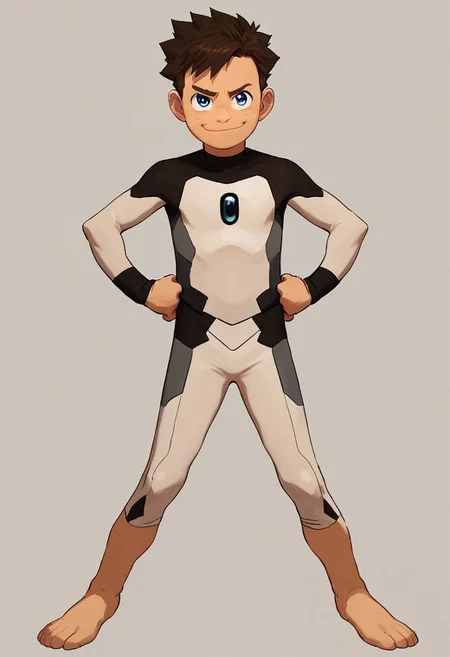 score_9, score_8_up, score_7_up,1boy, solo, cute boy, Koji, Blue Eyes, Brown Hair, Freckles, Bodysuit, Barefoot, hands on hips, smug smile, PONYXL_AlexRoss_ComicArt_ownwaifu