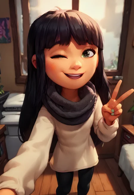 score_9, score_8_up, score_7_up, 1girl, pov, selfie, from above, addie mccallister, long black hair, blunt bangs, (v over eye:1.2), open mouth, slight smile, one eye closed, tube scarf, beige sweater, black leggings, girl bedroom