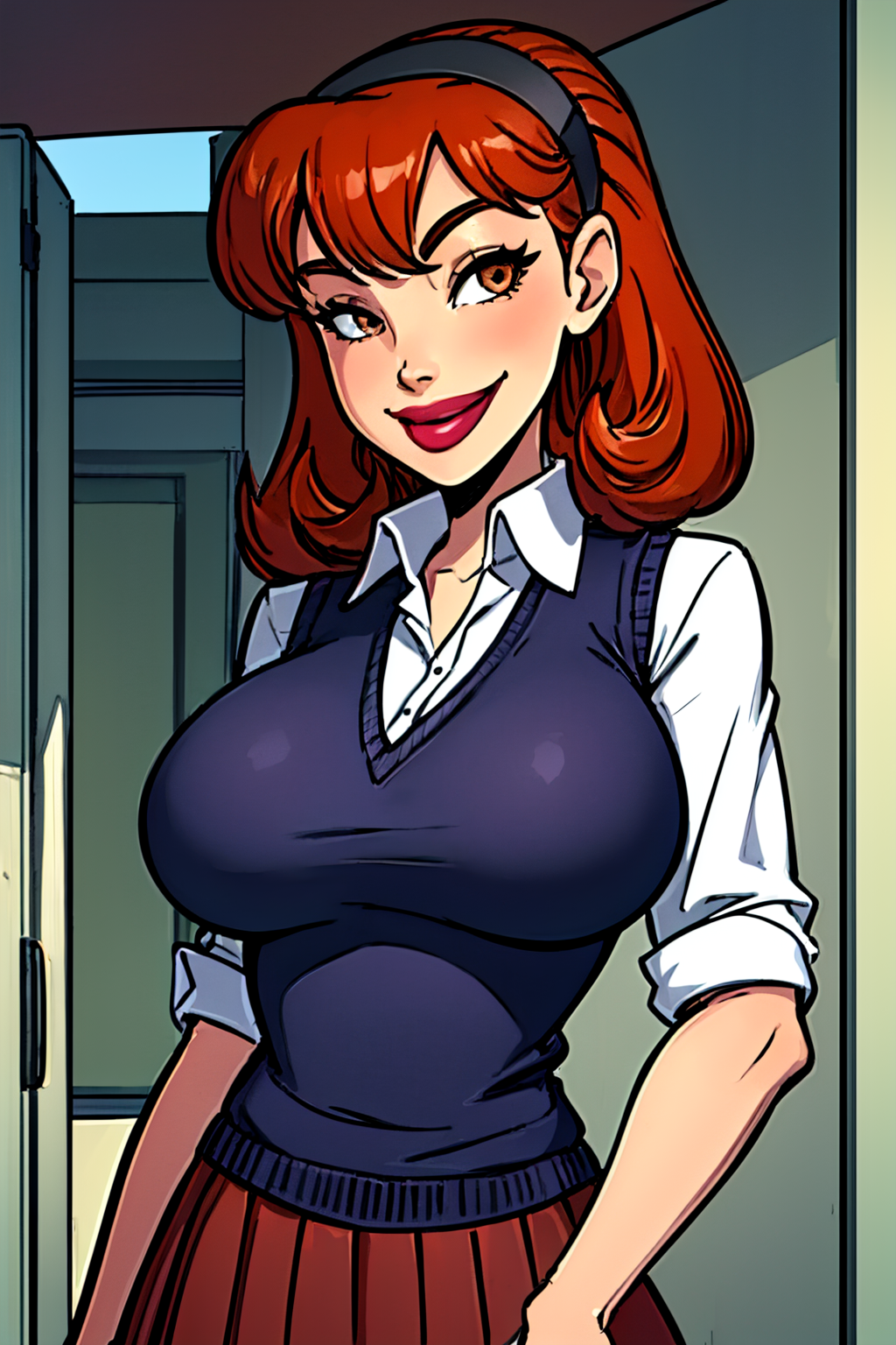 sharona, 1girl,solo, looking at viewer, smile,  skirt, breasts, large breasts, hairband, solo, school uniform, lipstick, looking at viewer, smile,sweater vest,     <lora:Sharonamhan:0.9>