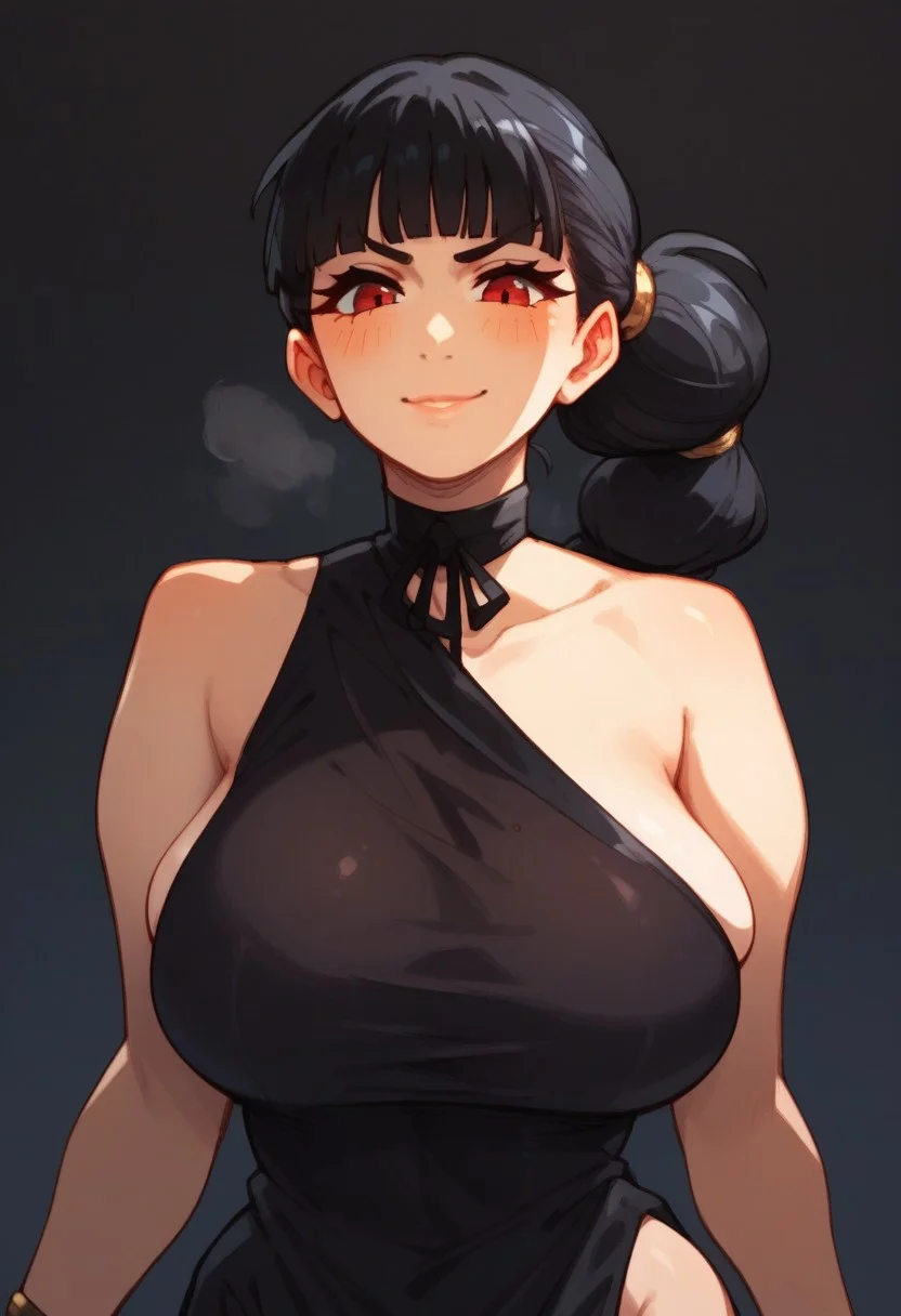 score_9_up, score_8_up, score_7_up, score_6_up, score_5_up, score_4, source_anime, 1girl,
red eyes, black hair, black bracelet, blunt bangs, gold hair rings, multi-tied hair, 1 side slit, black dress,
alone, solo, huge breasts, gigantic round ass, perfect ass, thick thighs, cinematic lighting,
blushing skin, dynamic angle, unique angle, skin tight, looking at viewer, beach
smirk, heavy breathing, steaming_body, (upper body), (front view:1.5), face view, close up, face