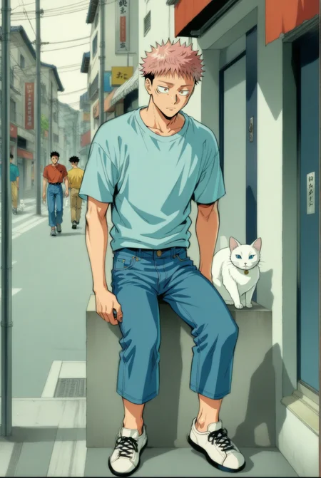 1boy, male focus, itadori yuuji, jujutsu kaisen , (90s anime style:1.5), front view, outdoors, street view, (looking down:1.3), perfecteyes, shirt, denim shorts, (a single white cat sitting next to them) <lora:detailed_notrigger:1> <lora:ParchartXL_CODA:0.2> <lora:Isometric Cutaway:1> <lora:PerfectEyesXL:1> <lora:Surreal Harmony:0.2>
