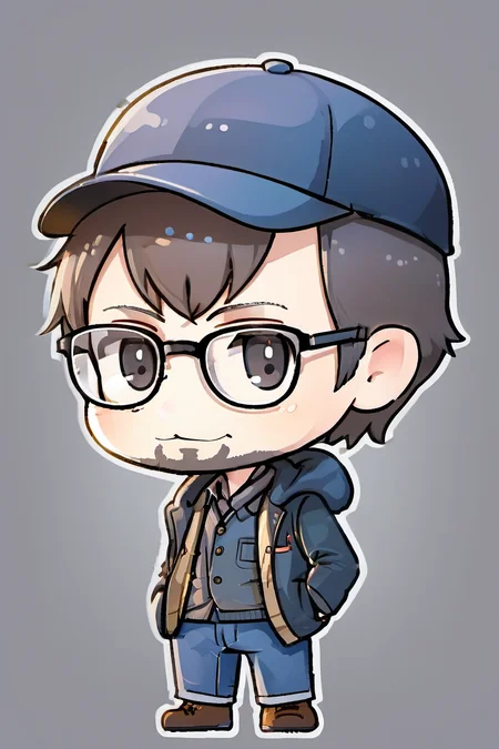 Chibi style art of a 40 year old man with glasses, short beard, flat cap visiting Japan, <lora:chibi-XL0.2:1>
