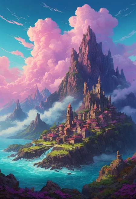 DB4RZ style painting, Epic fantasy landscape, mountainous, ruined city, dramatic clouds, swirling mist, vibrant color palette (pink, teal, purple, dark blues), dramatic lighting, soft warm light, building on top of a rocky island, ethereal mist, stormy seas around island, towering peaks, stylized rocks, detailed textures, intricate structures, photorealistic style, (atmospheric haze:1.2), (detailed cloud formations:1.1), digital art, middle ground perspective, middle-right composition, fantasy world, high detail, 8k resolution., <lora:FLUX-daubrez-DB4RZ-v2:1> DB4RZ, DB4RZ style painting