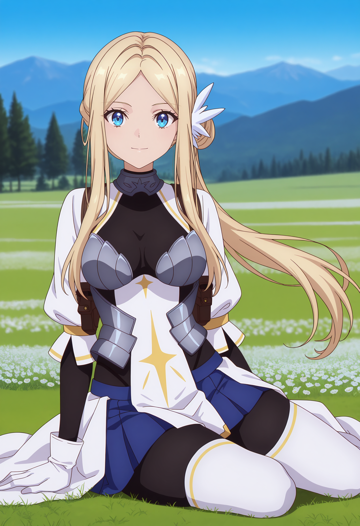 anime screencap, masterpiece, best quality,
<lora:YamiHealer_Krishna_IlluXL:0.9>,
1girl, solo, closed mouth, light smile, floating hair,
low ponytail, single side bun, parted bangs, long hair, blonde hair, blue eyes, hair ornament,
metal collar, black bodysuit, white dress, breastplate, holster, white gloves, miniskirt, pleated skirt, blue skirt, white overskirt, black pantyhose, white thighhighs,
yokozuwari, looking at viewer,
outdoors, scenery, tree, mountainous horizon, grass, flower field, blue sky, photo background, blurry background