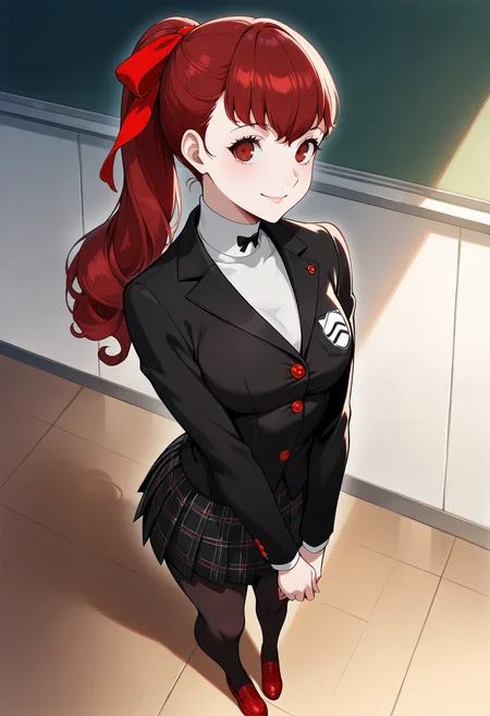 score_9, score_8_up, source_anime
1 girl, solo, cute face,
p5yoshizawa, long hair, red hair, bangs, ponytail, red hair bow,
p5yoshizawa-winuni, school uniform, white turtleneck, black bowtie, black jacket, red buttons, plaid skirt, pleated skirt, black pantyhose, shuujin academy school uniform, red loafers,
standing, inside, classroom, looking at viewer, smile, v arms, full body,
masterpiece, best quality, ultra detailed,