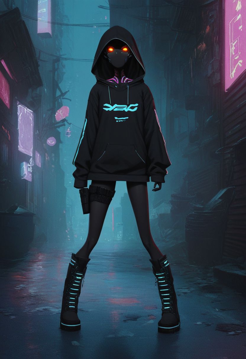 score_9, score_8_up, score_7_up, score_6_up, score_5_up, score_4_up, city, night, dark, alleyway, detailed background, 1entity, slender, oversized hoodie, hood up, glowing eyes, neon stripes hoodie, nothing under the hood, shadow under the hood, flat chest, pure black skin, thin legs, boots, fleeing pose, holster, action shot, dynamic, cyberpunk, teeth, sarcastic grin, Shadowed Face, pikaole