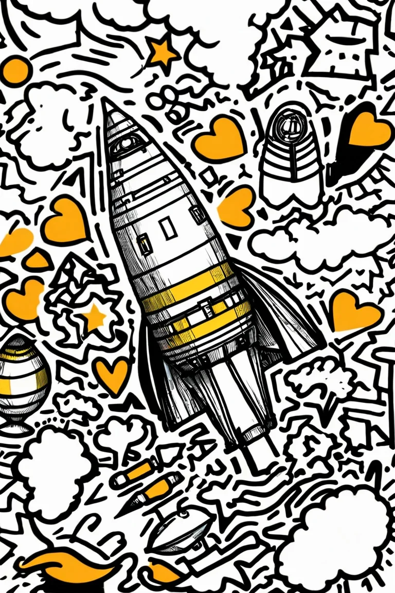 The Saturn V rocket, surrounded by many different shapes, doodle art style <lora:Doodle_XL_V1:1>