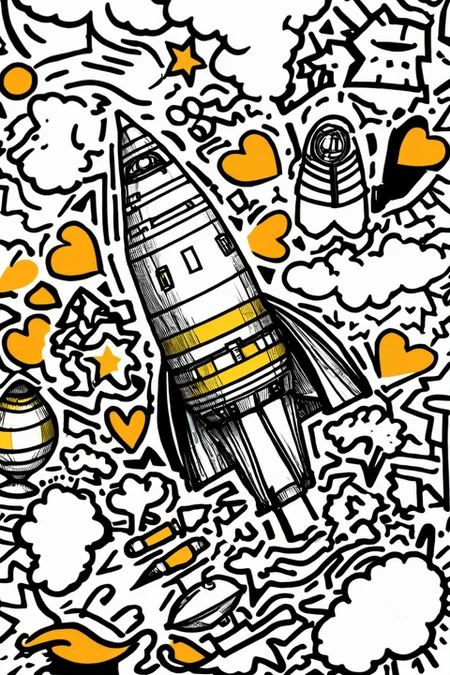 The Saturn V rocket, surrounded by many different shapes, doodle art style <lora:Doodle_XL_V1:1>