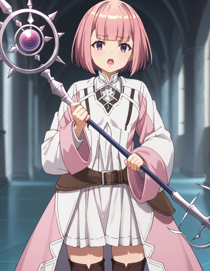 score_9, score_8_up, score_7_up, source_anime, BREAK
1girl, solo, looking at viewer, blurry background, holding staff, fighting stance, dungeon, dark enviroment, open mouth, casting spell, magic circle,
short hair, pink hair, bob cut, blunt bangs, purple eyes,
white dress, pink coat, long sleeves, wide sleeves, belt, brown thighhighs, 
lululi ashford (girumasu),
<lora:lululi_ashford-girumasu_s1-pxl-anime-soralz:1>