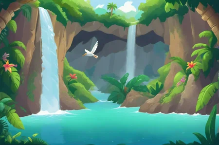 Tropical Waterfall: Cascading water, lush vegetation, tropical birds, hidden caves, exotic flowers. background, v3rd, flatee, <lora:BACKTOON_0.1_RC:0.6>