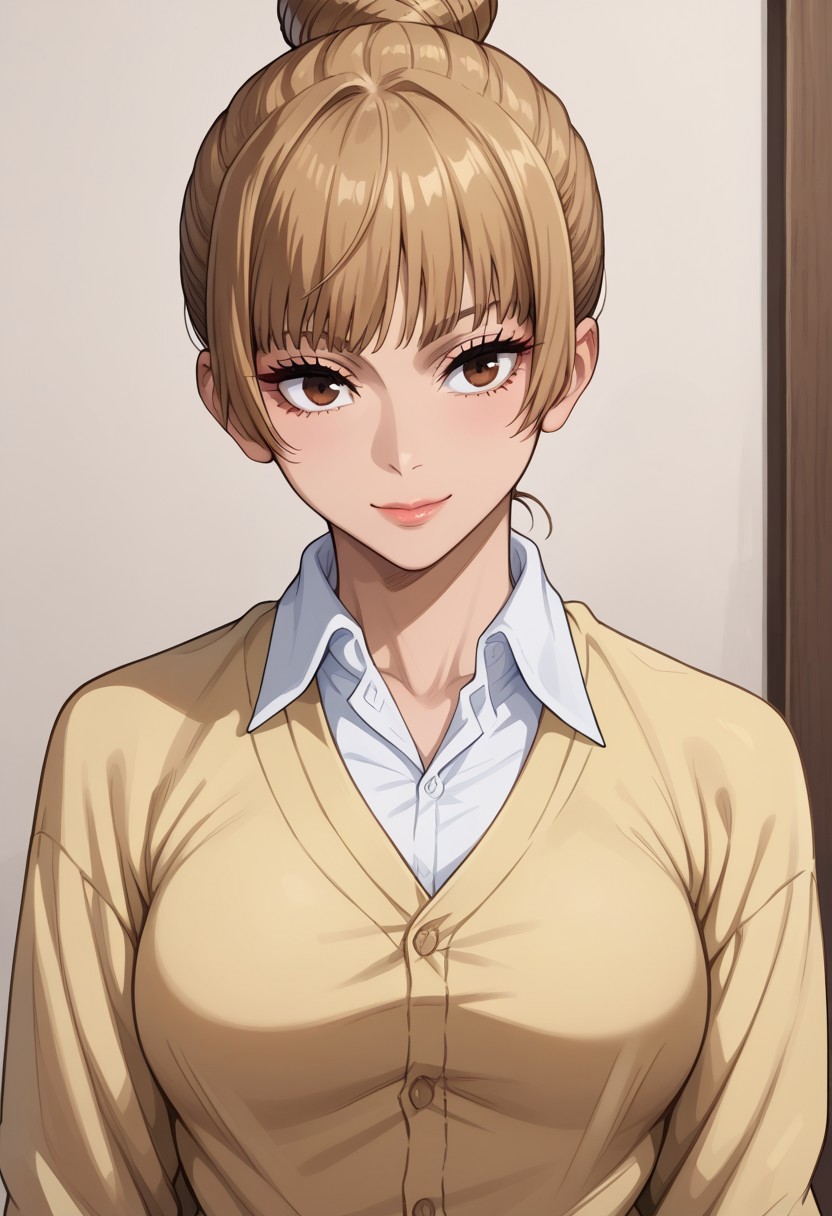 anime artwork, score_9, score_8_up, score_7_up, score_6_up, score_5_up, solo, perfect eyes, detailed eyes, beautiful female, detailed face, dynamics lines, 20 year old, perfect beautiful face, long eyelashes, sharp eyes pupils, (bedroom:1.3), (upper body:1.5), medium breasts, wide hips, hips,,1 girl, brown hair, short hair, hair bun, bangs, brown eyes, yellow cardigan, closed cardigan, white collared shirt, smile, head tilt