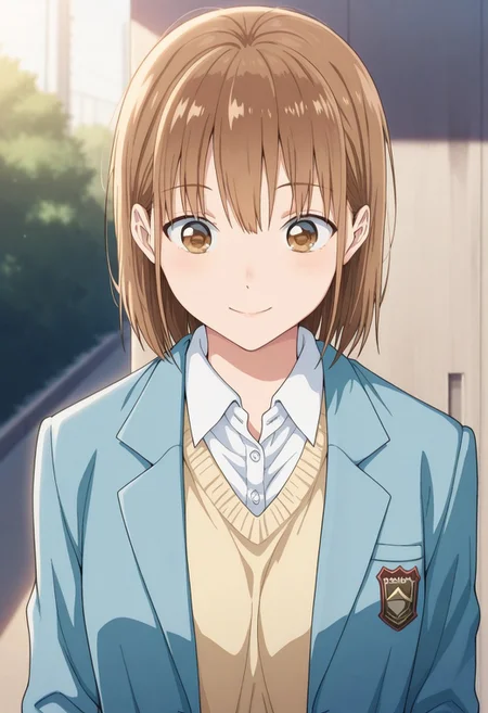 masterpiece,best quality,amazing quality,
chinatsu, 1girl, solo, brown eyes, brown hair, bangs, school uniform, shirt, white shirt, collared shirt, cardigan, jacket, blazer, blue jacket, long sleeves, open jacket, open clothes, smile, upper body, outdoor, front view,