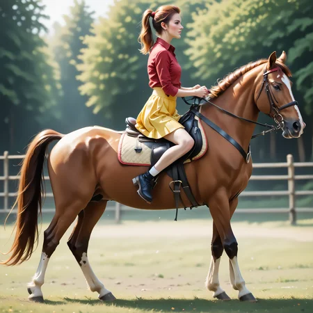 score_9, score_8_up, score_7_up, BREAK, RiHorse, side_view++ (slim 25yo female) riding a galloping horse. The female wears yellow short skirt and red shirt. The female has short brunette ponytail <lora:RideHorsePony:.8>