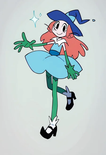 score_9, score_8_up, score_7_up BREAK LoveWitch, 1girl, long fuchsia hair, black eyes, blue witch hat, light blue hat band, white-collared sleeveless light blue dress, blue belt, long green gloves, green stockings, white socks, black mary jane shoes, full body, smiling at viewer,