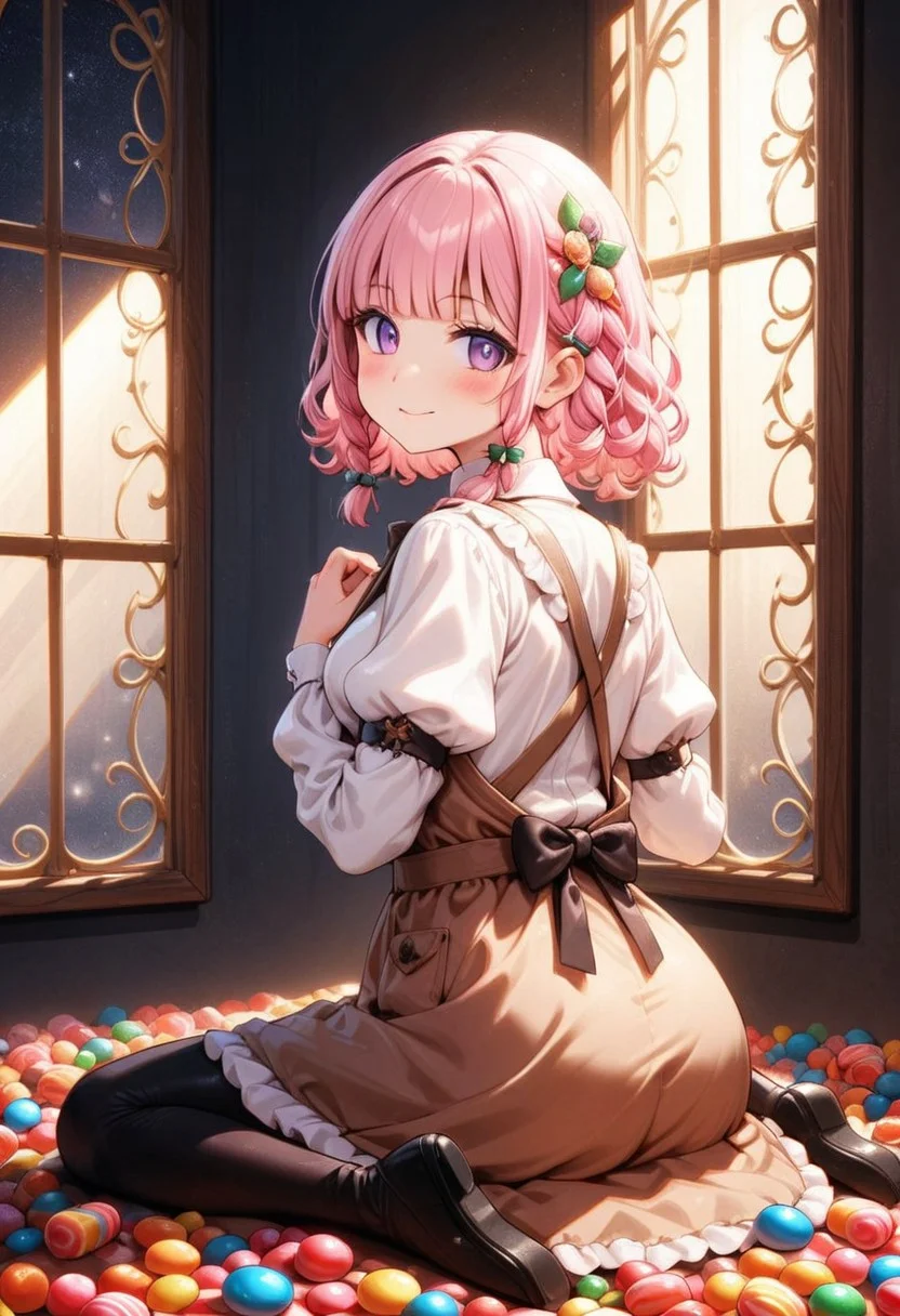 ((masterpiece), (best quality), (ultra-detailed), 
illustration, 2DMM, 
1girl, solo, pink hair, blunt bangs, curly hair, red bowtie , indoor, puffy sleeves,
white shirt, black pants, brown apron, 
  Purple eyes,black eyeshadow,
Indoor,  more Candy's:,
glossy, delicate frame, angelic appearance, sitting, from back, Candy's mounts,
hair ornament,chiaroscuro shading, perfect body, dim natural light, night, window, soft smile, blushing, full body,
 absurdres, cowboy shot,
   sharped eyes, sharp focus, angelic appearance,  side braids, night, darkness)