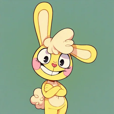 score_9, score_8_up, score_7_up, anthro, cartoony, round bunny face, yellow fur, large cartoon eyes, pink blush cheeks, buck teeth, pink heart nose, tuft of fur on head, light beige inner ears, long floppy ears, round fluffy tail, pale yellow belly