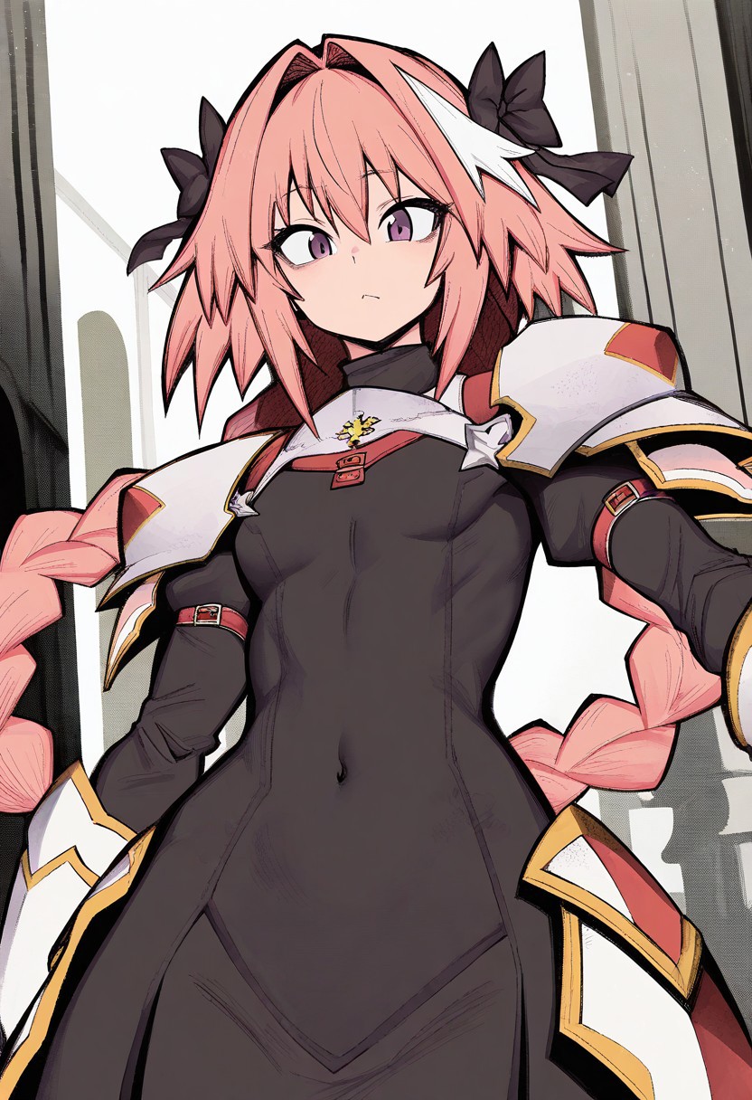 masterpiece, best quality, very aesthetic, high resolution, ultra-detailed, absurdres, newest, extremely detailed eyes, beautiful, perfect lighting, hi res, amazing quality, very awa, Brightly Lit, Highly Visible, 8k, sharp focus, beautiful, perfect lighting, volumetric lighting, scenery, painting_(artwork), INKTA_ST, 1girl, Astolfo, armor, fantasy, navel focuss, black dress