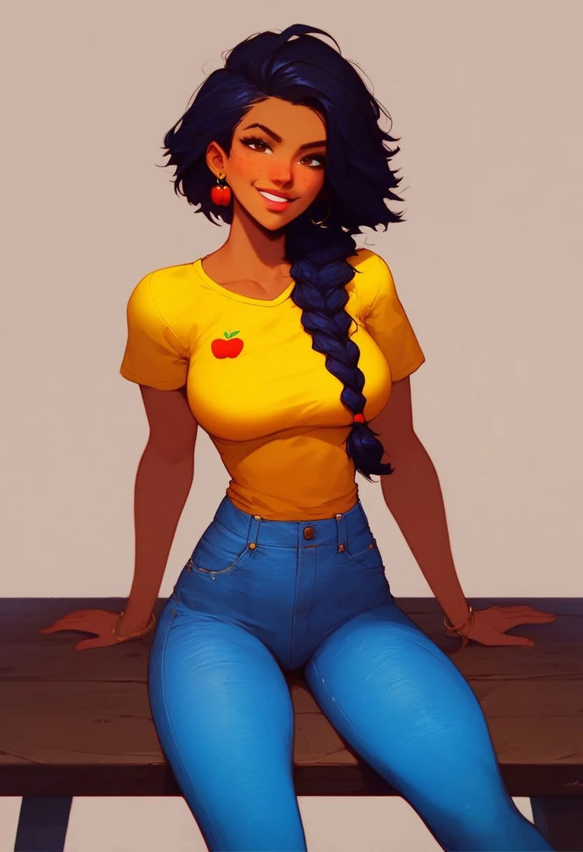 (score_9, score_8_up:1.1),score_7_up, score_6_up, score_5_up, score_4_up, rating_questionable, Photoshoot, 1girl, solo, cute daycare teacher, Ms. Appleberry, thin and toned body, round breasts, yellow(t-shirt), jeans, teasing, flirty expression, smiling eyes, inviting, playful, (black hair, single braid), dark skin, brown eyes, beautiful detailed face, maximalist, beach background,