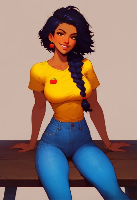 (score_9, score_8_up:1.1),score_7_up, score_6_up, score_5_up, score_4_up, rating_questionable, Photoshoot, 1girl, solo, cute daycare teacher, Ms. Appleberry, thin and toned body, round breasts, yellow(t-shirt), jeans, teasing, flirty expression, smiling eyes, inviting, playful, (black hair, single braid), dark skin, brown eyes, beautiful detailed face, maximalist, beach background,