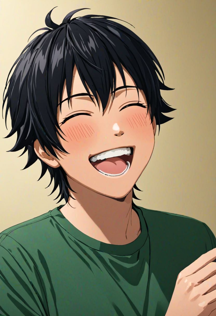 Yuusuke Fujisaki, masterpiece, Candid Photo, best quality, (1boy), solo, male focus, High definition, Black hair, 4K, laughing