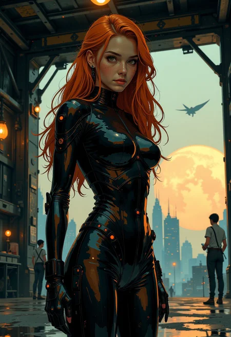 A captivating fullbody photo of a stunning young woman with long, fiery ginger hair that flows elegantly down her shoulders, enhanced by delicate freckles scattered across her flawless, fair skin. Her mesmerizing grey eyes draw the viewer in, reflecting a subtle mix of intrigue and strength. (((She is adorned in a sleek, futuristic sci-fi spacesuit inspired by Evangelion's mecha designs:1))), crafted from glossy, form-fitting metal that accentuates her curves and adds a high-tech, avant-garde flair. She is standing in a hangar on a dropship - in the background is a burning planet seen from the open bay-doors.
The lighting is meticulously arranged, with a bright source from the right casting a dramatic rim light that highlights the contours of her face and the intricate details of her suit. Hard shadows add depth and intensity, emphasizing her ethereal beauty and confident demeanor. The dark background with strange futuristic machines further enhances her radiant presence, creating a striking contrast that focuses all attention on her. This ultra-detailed photo captures the perfect blend of softness and strength, merging futuristic style with timeless allure. Midshot photo from head to her knees.