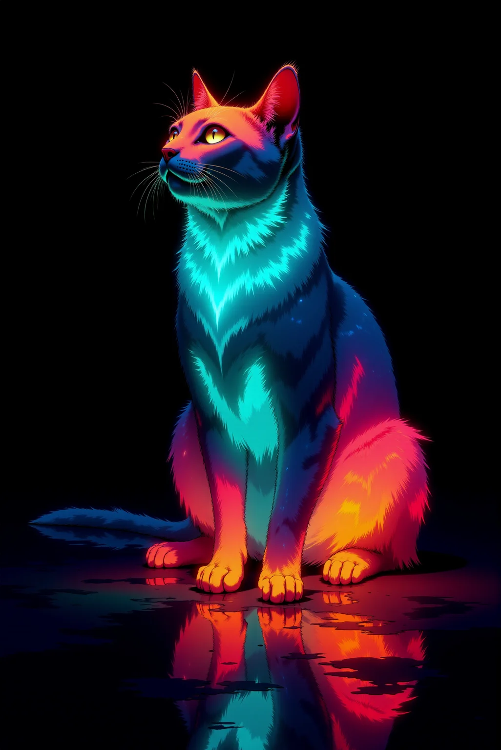 <lora:DGLO_style_v.6:0.85>
(The color scheme is glowing brightly gradient of luminous colors, at the top it glows in bright orange , flashy blue glow in the middle and glowing salad-green at the bottom. Very dark, dim environment. Very dark, almost black background:1.4). A digital illustration features a highly stylized depiction of a beautiful  cat. The cat's fur appears to glow brightly in vibrant colors mimicking the color scheme, contrasting sharply with the dark background. Vibrant colors, fine details.