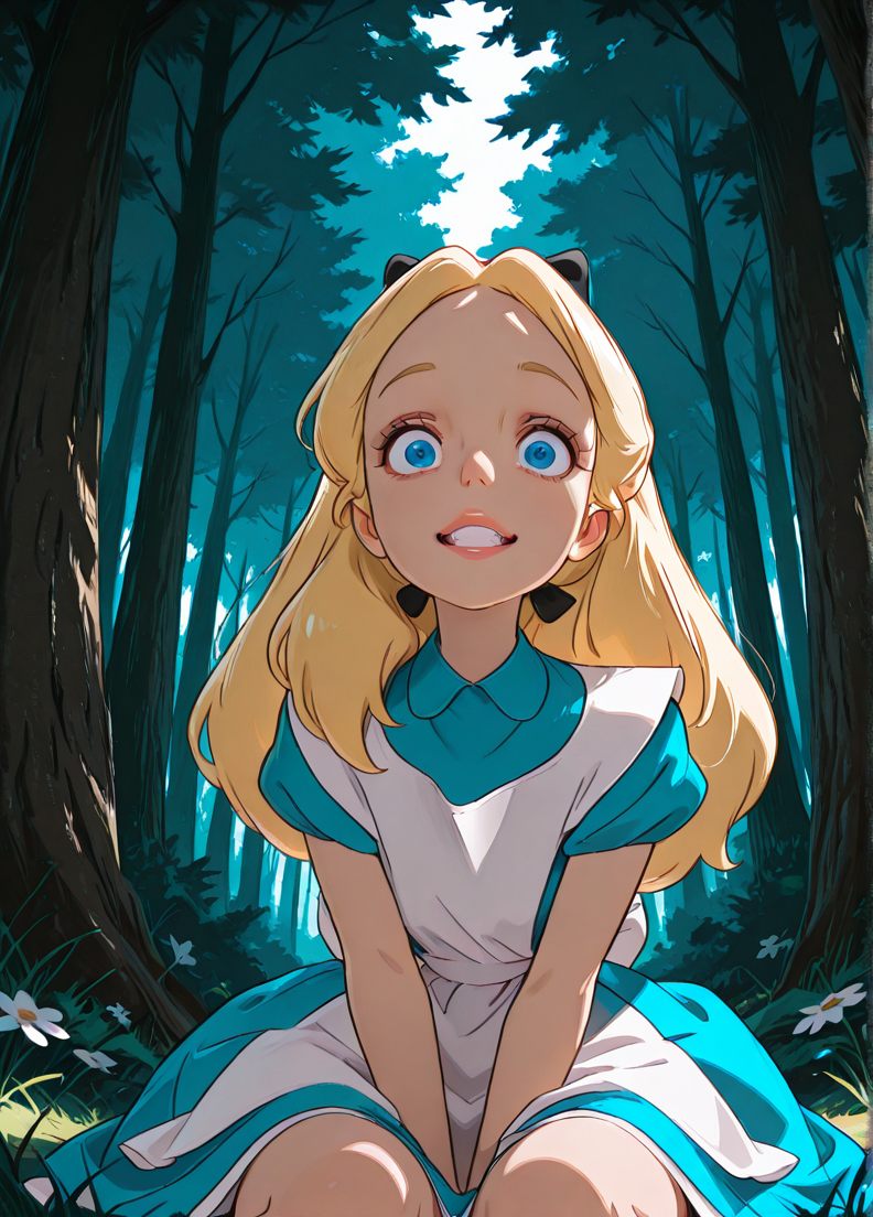 masterpiece, best quality, amazing quality, very aesthetic, absurdres, newest, 4k, 8k, dynamic angle, official style, (jaggy lines, sugimorixd:1.2), outdoors, forest, flowers, grass, sitting, looking at viewer,
alicexd, 1girl, solo, blonde hair, long hair, hairbow, blue dress, white apron, bow, white thighs, lips, blue eyes, 
crazy,
<lora:Expression_Detailer_Illustrious_Lora:0.85>, <lora:sugimoi:1>,  <lora:Alice_-_Disney_Illustrious:1>