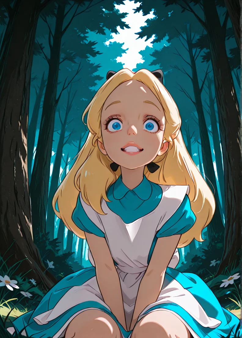 masterpiece, best quality, amazing quality, very aesthetic, absurdres, newest, 4k, 8k, dynamic angle, official style, (jaggy lines, sugimorixd:1.2), outdoors, forest, flowers, grass, sitting, looking at viewer,
alicexd, 1girl, solo, blonde hair, long hair, hairbow, blue dress, white apron, bow, white thighs, lips, blue eyes,
crazy,
<lora:Expression_Detailer_Illustrious_Lora:0.85>, <lora:sugimoi:1>, <lora:Alice_-_Disney_Illustrious:1>