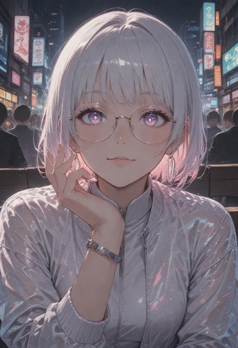 ral-hlgrphic, usnr, gbf_style, 748cmstyle, ( fine texture, masterpiece, ultra-detailed, very awa, best quality, very aesthetic, absurdres, newest, natural lighting, scenery, portrait photo, cinematic composition), BREAK, 1girl, korean woman, pale glittery pink hair, glowing holographic hair extensions, blunt cut bangs, glossy lips, elegant, soft makeup, pink pupils, small breasts, toned body, BREAK, holographic fabric, iridescent colors, pink cropped long-sleeve jacket, open at the front, round glasses, silver bodysuit, silver hoop earrings, bracelets, detailed accessories, BREAK, close-up shot, front view, natural relaxed pose, arm resting casually, looking at the viewer, expressive face, confident expression, slight smile, BREAK, outdoors, sitting on a bench, crowded cyberpunk city street, background with blurred pedestrians, holographic advertisements, neon everywhere, detailed background, cinematic atmosphere, BREAK.